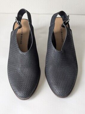Lucky Brand Lideton Black Leather Perforated Slingback Mules Shoes Size 9